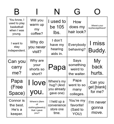 Nana Bingo Card