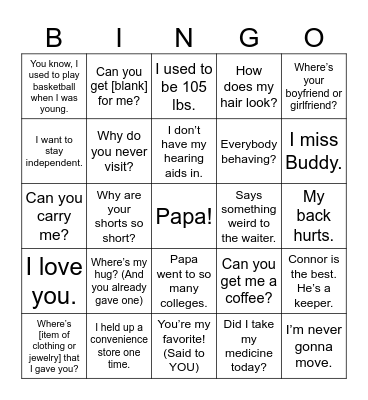 Nana Bingo Card