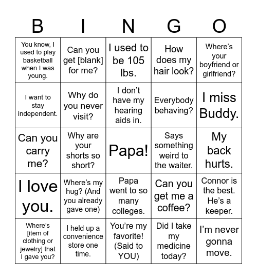 Nana Bingo Card