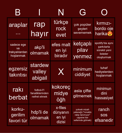 ortak zevklerimiz Bingo Card