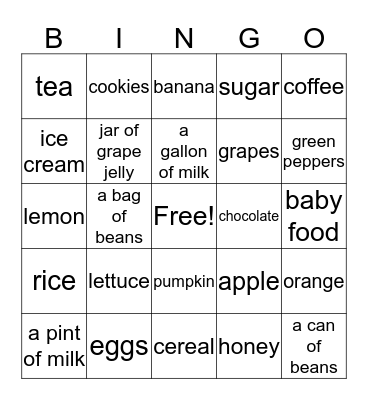 Food Bingo Card