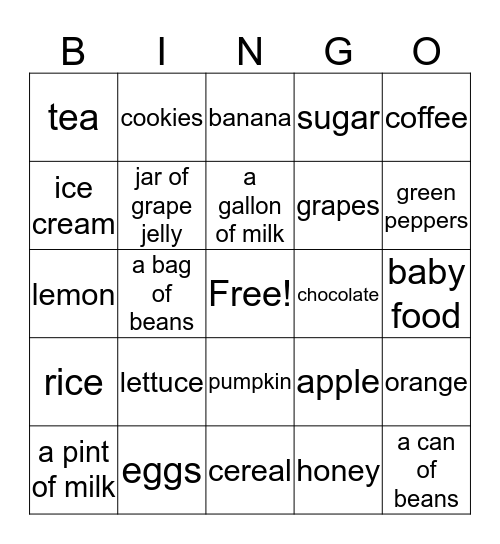 Food Bingo Card