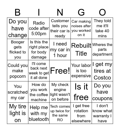 Service Bingo Card