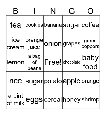 Food Bingo Card