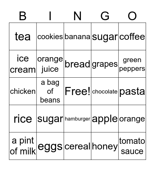 Food Bingo Card