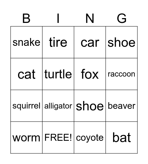 RoadKill Bingo Card