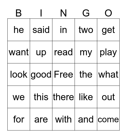 Sight Words Bingo Card