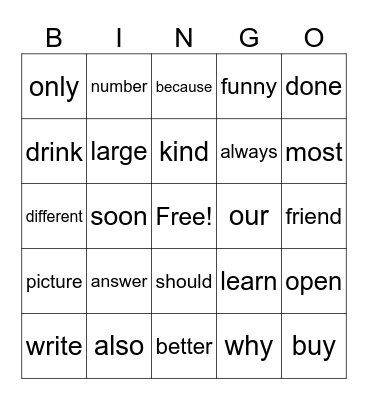 Sight Words Bingo Card