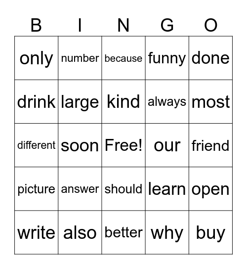 Sight Words Bingo Card