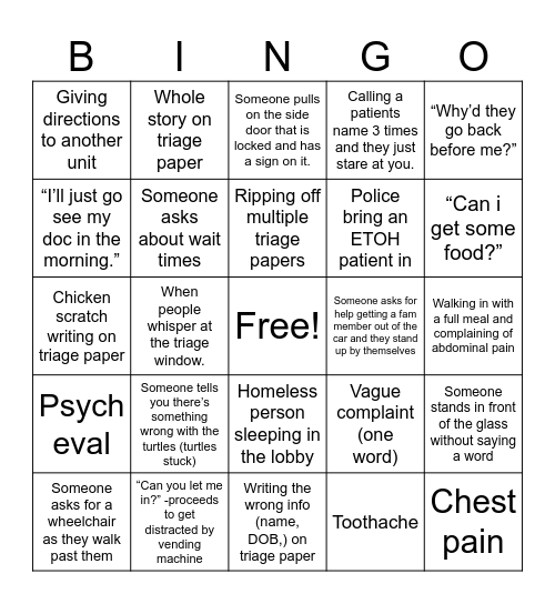 Triage Bingo Card