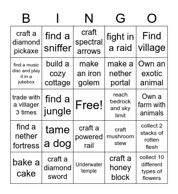 Minecraft Challenge Bingo Card