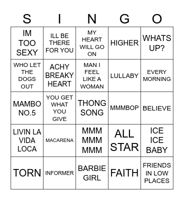 827 WORST SONGS OF THE NINETIES Bingo Card