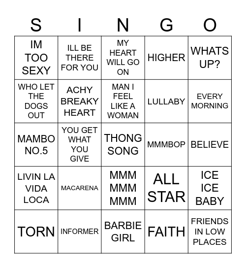 827 WORST SONGS OF THE NINETIES Bingo Card