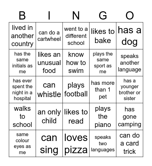 Getting to Know You Bingo Card