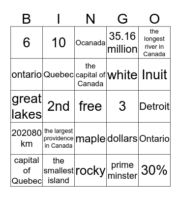 Canada  Bingo Card