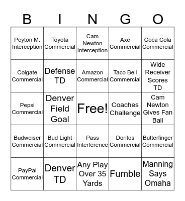 SUPERBOWL 50 Bingo Card