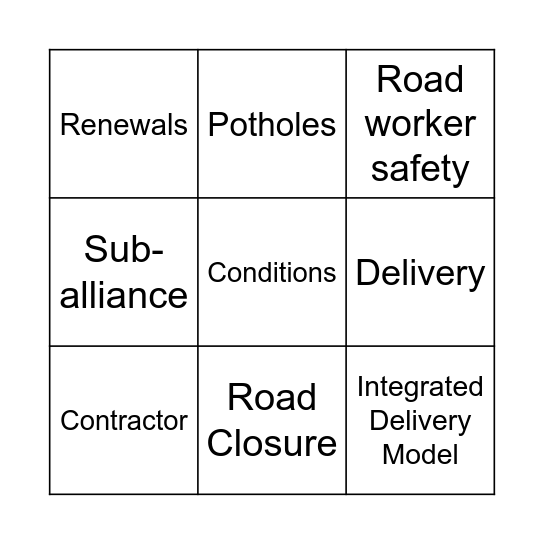 Road Maintenance Jargon Bingo Card