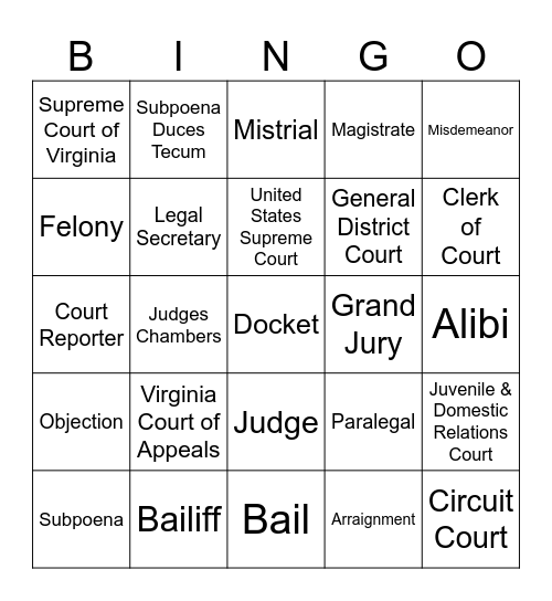 Legal Vocabulary Bingo Card