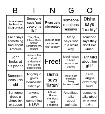 Meating aka Weshik Olympics Bingo Card