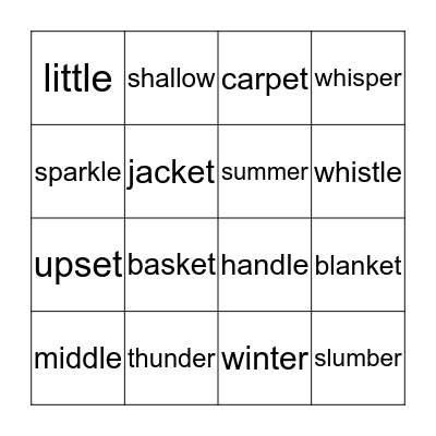 VCCV Syllable Bingo Card