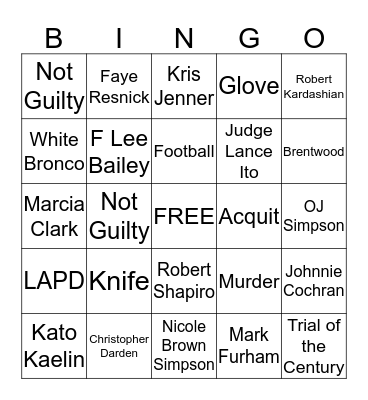 The People v. O.J. Simpson Bingo Card