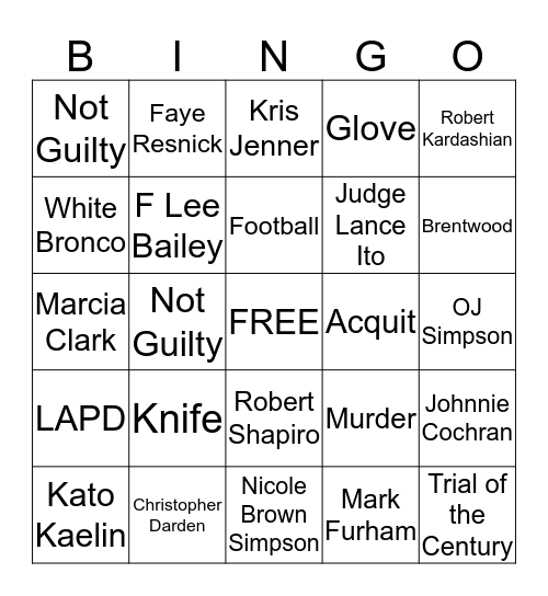 The People v. O.J. Simpson Bingo Card