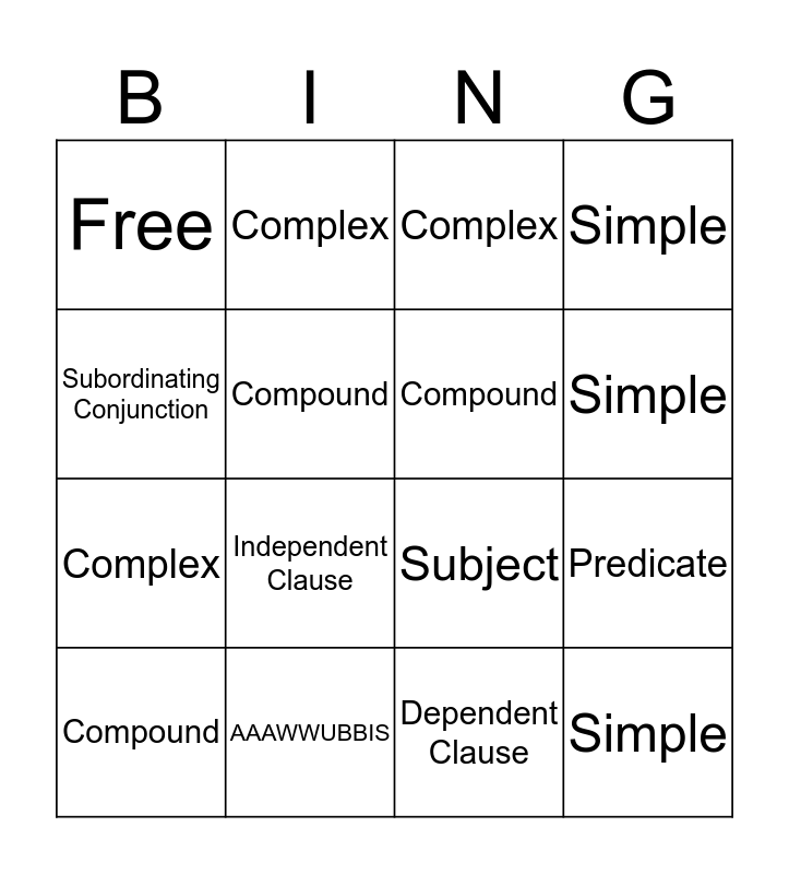 Sentences Bingo Card