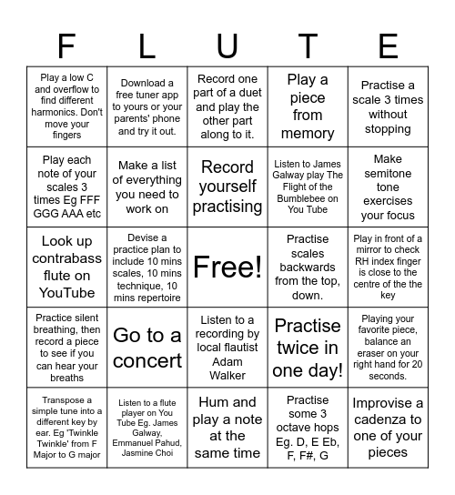 Flute Bingo Card