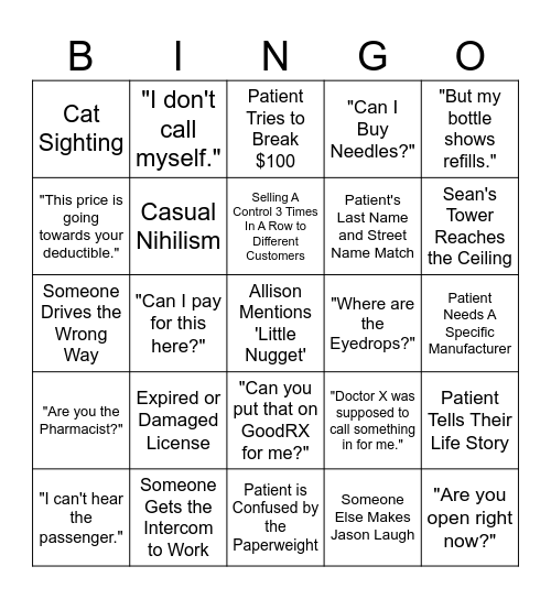 Pharmacy Bingo Card