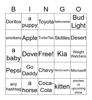 SUPERBOWL 50 COMMERICAL Bingo Card