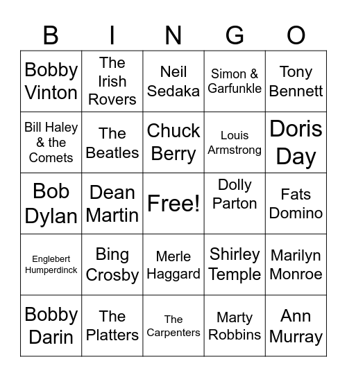 Musical Memories Bingo Card