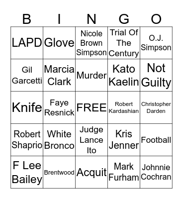 The People v. O.J. Simpson Bingo Card