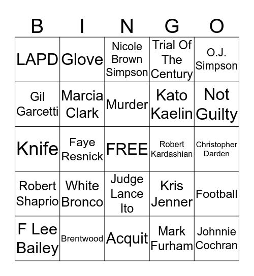 The People v. O.J. Simpson Bingo Card