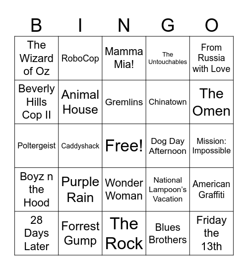 Summer Blockbuster Bingo Card