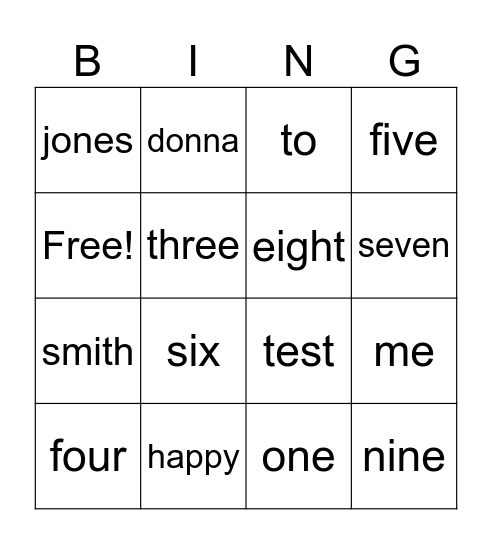 testing Bingo Card
