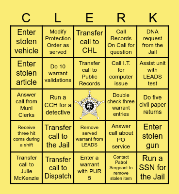 DCSO Records Bureau Bingo Card