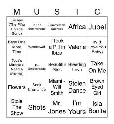 Music Bingo - SUMMER EDITION Bingo Card