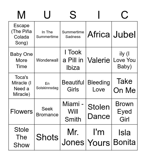 Music Bingo - SUMMER EDITION Bingo Card