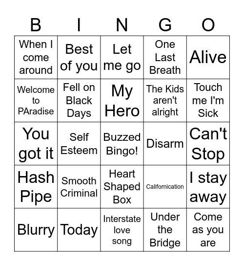 90s Grunge Bands Bingo Card