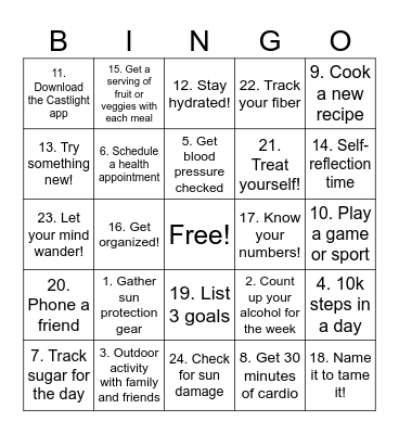 Summer Health Bingo Card