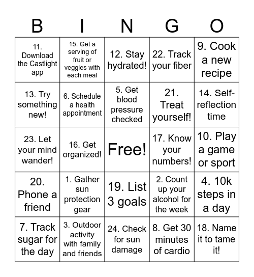 Summer Health Bingo Card