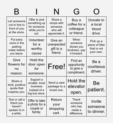 Human Kindness Bingo Card