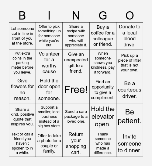 Human Kindness Bingo Card