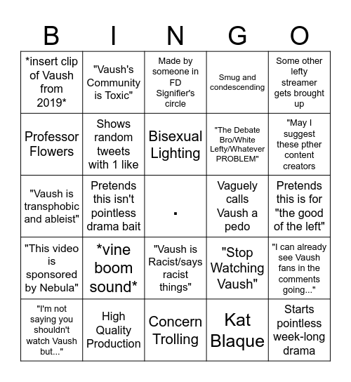 "Vaush Bad" Video Essay Bingo Card