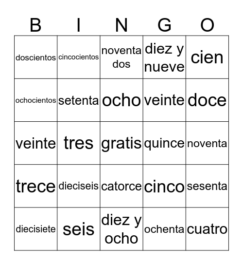 Los Numeros Hasta Cien Bingo Card