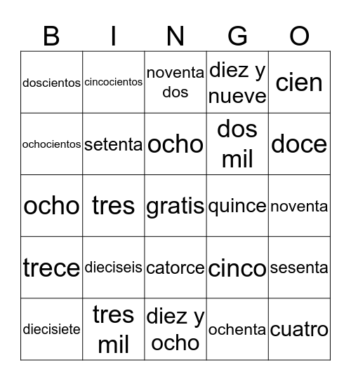 Los Numeros Hasta Cien Bingo Card