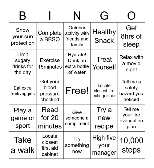 Greif Summer Wellness Bingo Card