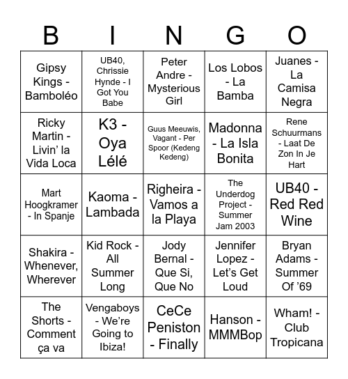 Muziekbingo Zomereditie Bingo Card