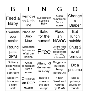 NICU Bingo Card