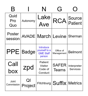 GME Orientation 2023 Bingo Card